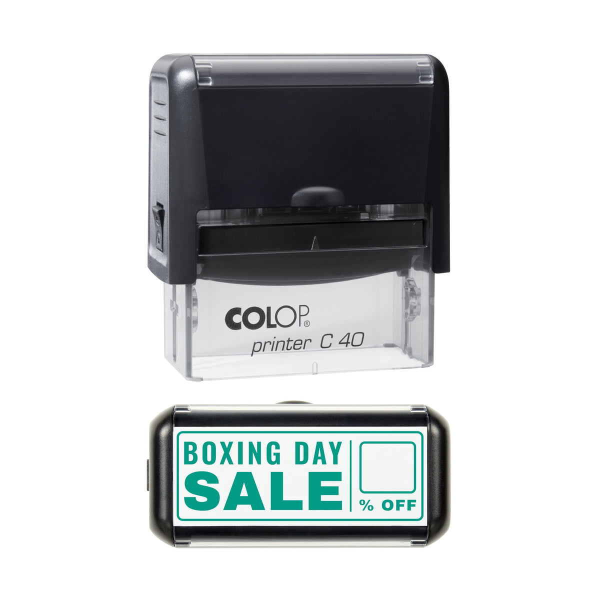 Stamp showing the Boxing Day Sale Christmas Season design, 58 x 22mm COLOP C40 self-inking stamp, green ink