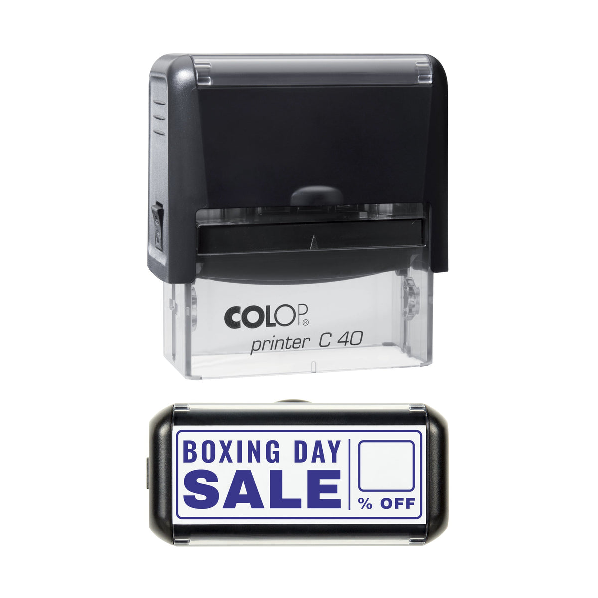 Stamp showing the Boxing Day Sale Christmas Season design, 58 x 22mm COLOP C40 self-inking stamp, violet ink