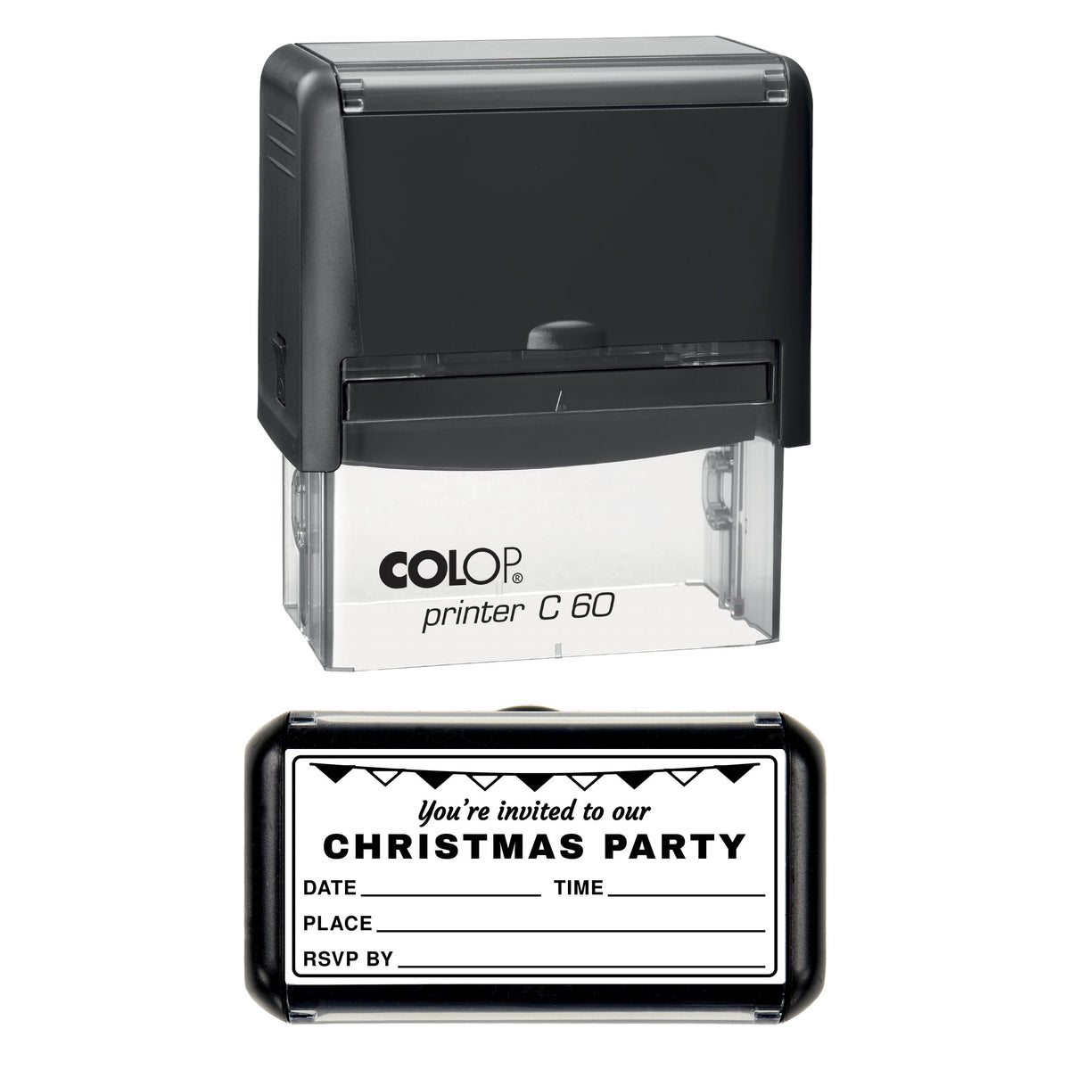 Stamp showing the Christmas Party Invitation design, 77 x 36mm COLOP C60 self-inking stamp, black ink