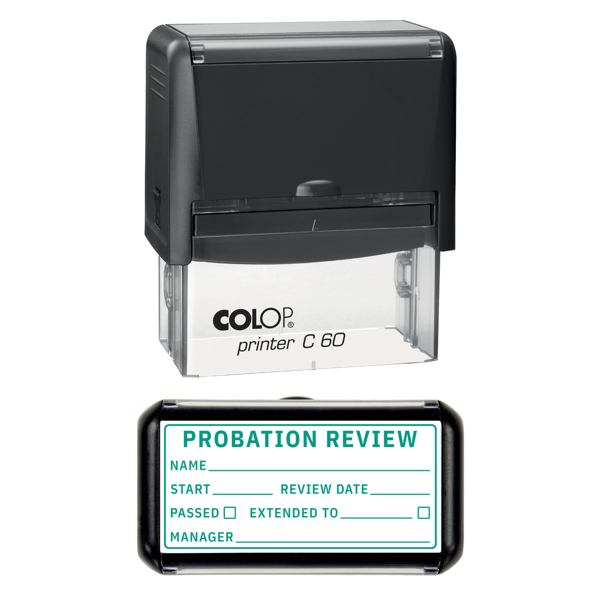 Stamp showing the Probation Review design, 77 x 36mm COLOP C60 self-inking stamp, green ink
