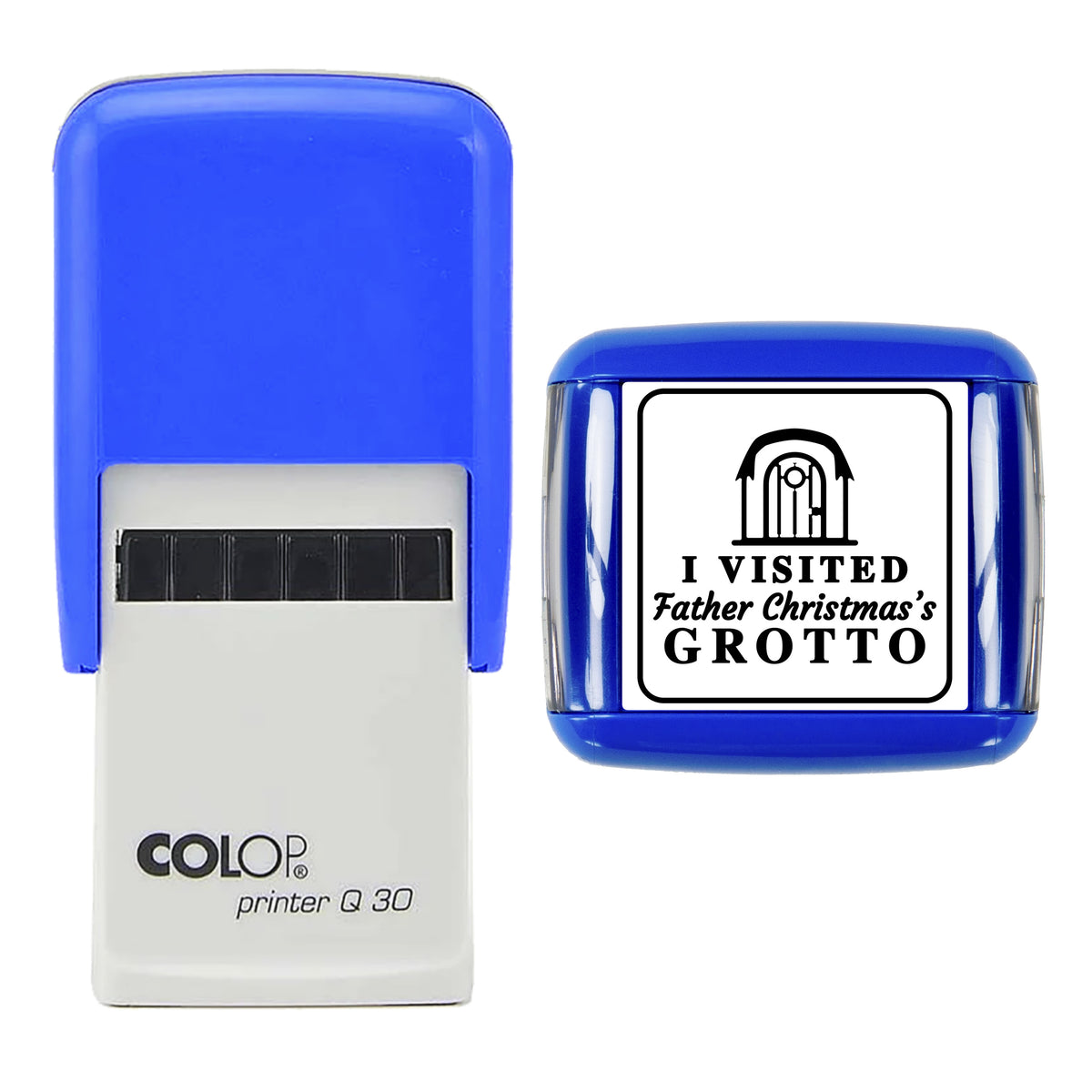 Stamp showing the I Visited Father Christmas Grotto design, 30 x 30mm COLOP Q30 self-inking stamp, black ink
