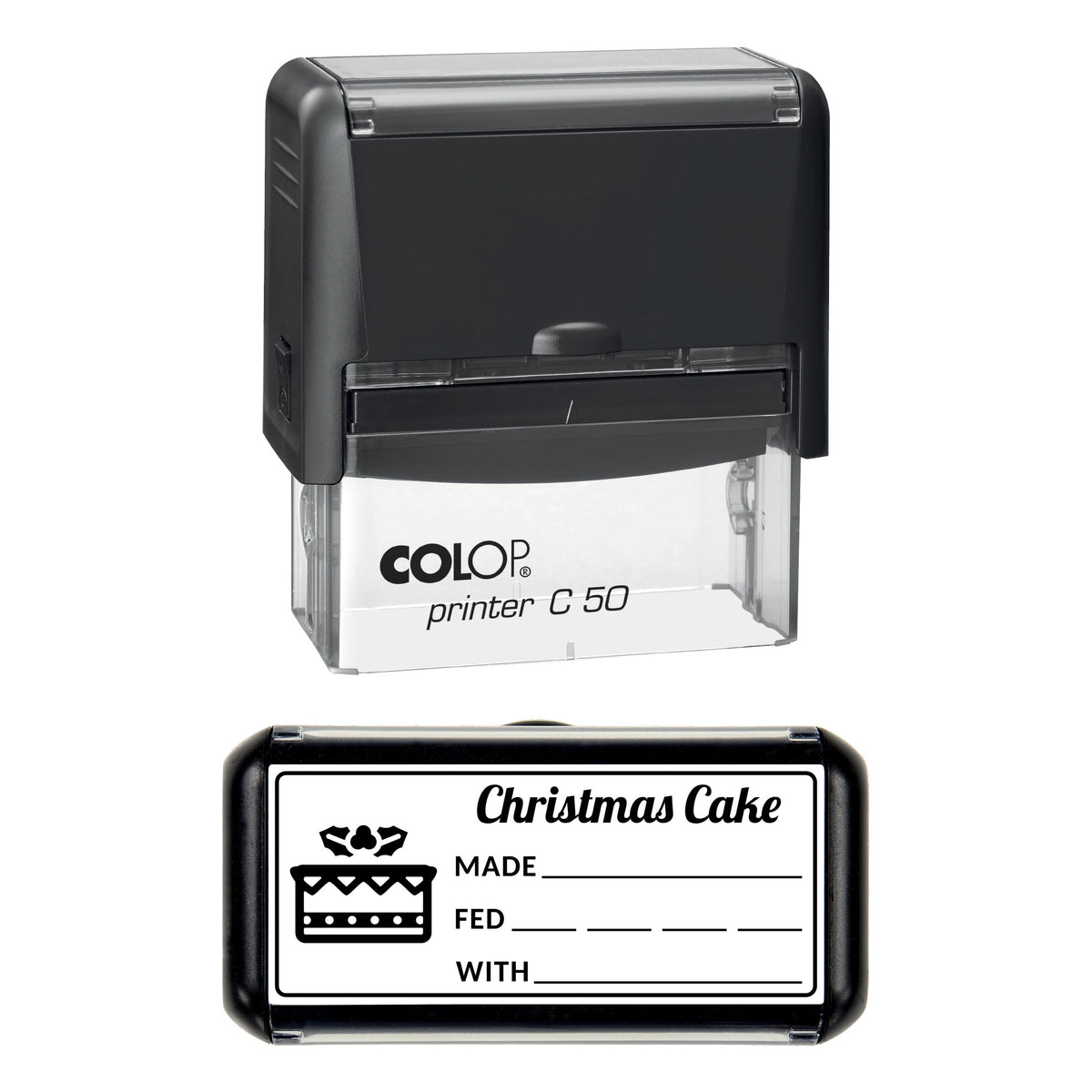 Stamp showing the Christmas Cake Made and Fed design, 70 x 30mm COLOP C50 self-inking stamp, black ink
