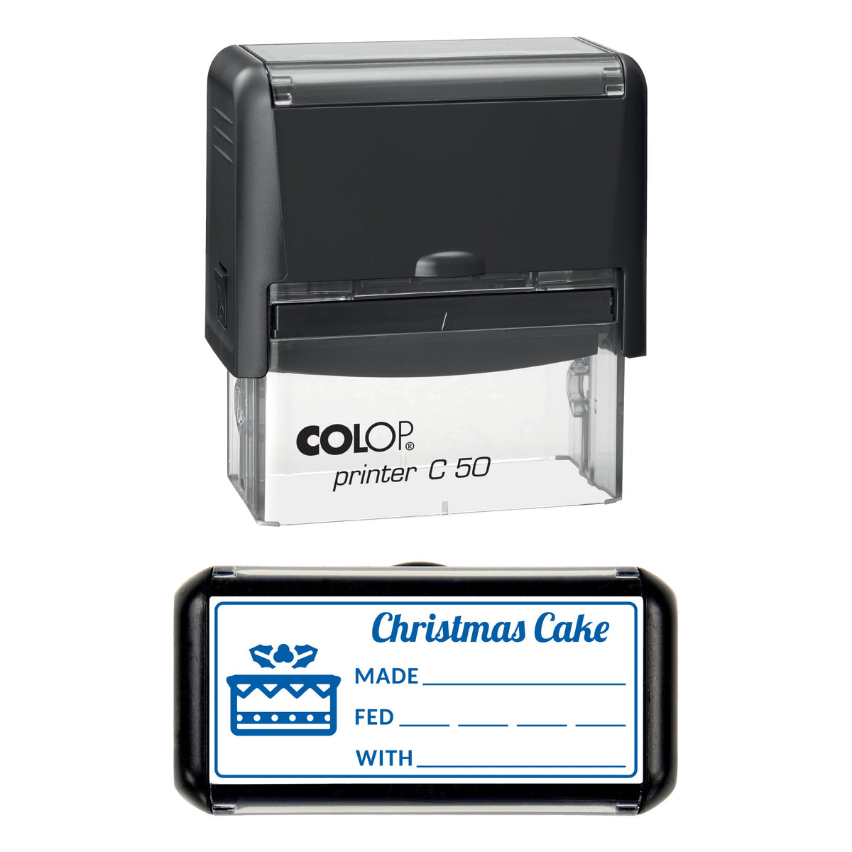 Stamp showing the Christmas Cake Made and Fed design, 70 x 30mm COLOP C50 self-inking stamp, blue ink