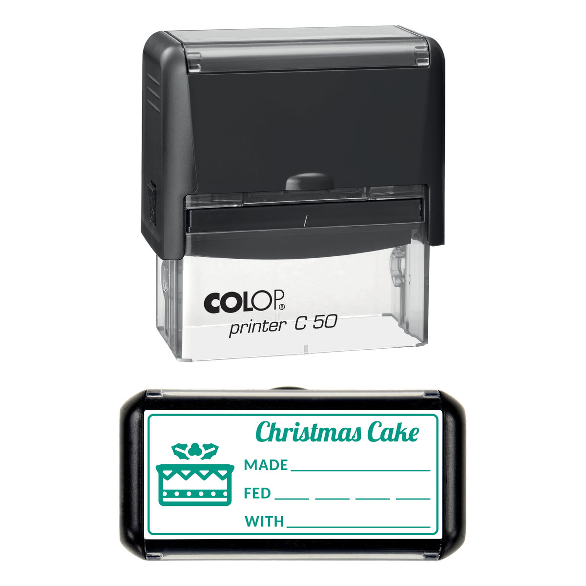 Stamp showing the Christmas Cake Made and Fed design, 70 x 30mm COLOP C50 self-inking stamp, green ink