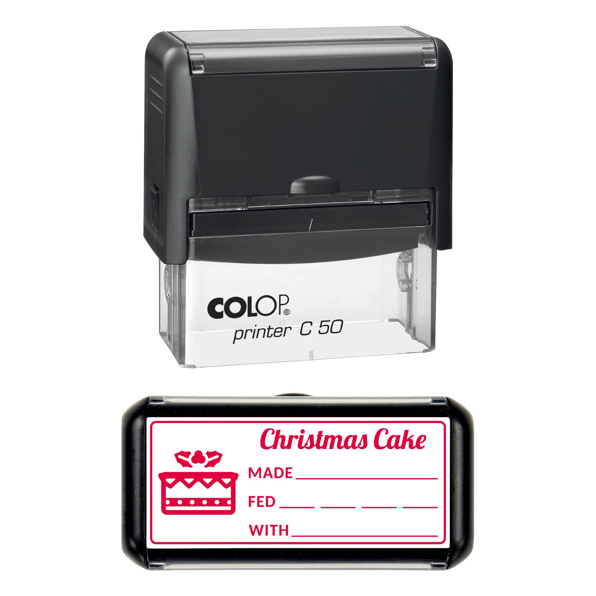 Stamp showing the Christmas Cake Made and Fed design, 70 x 30mm COLOP C50 self-inking stamp, red ink