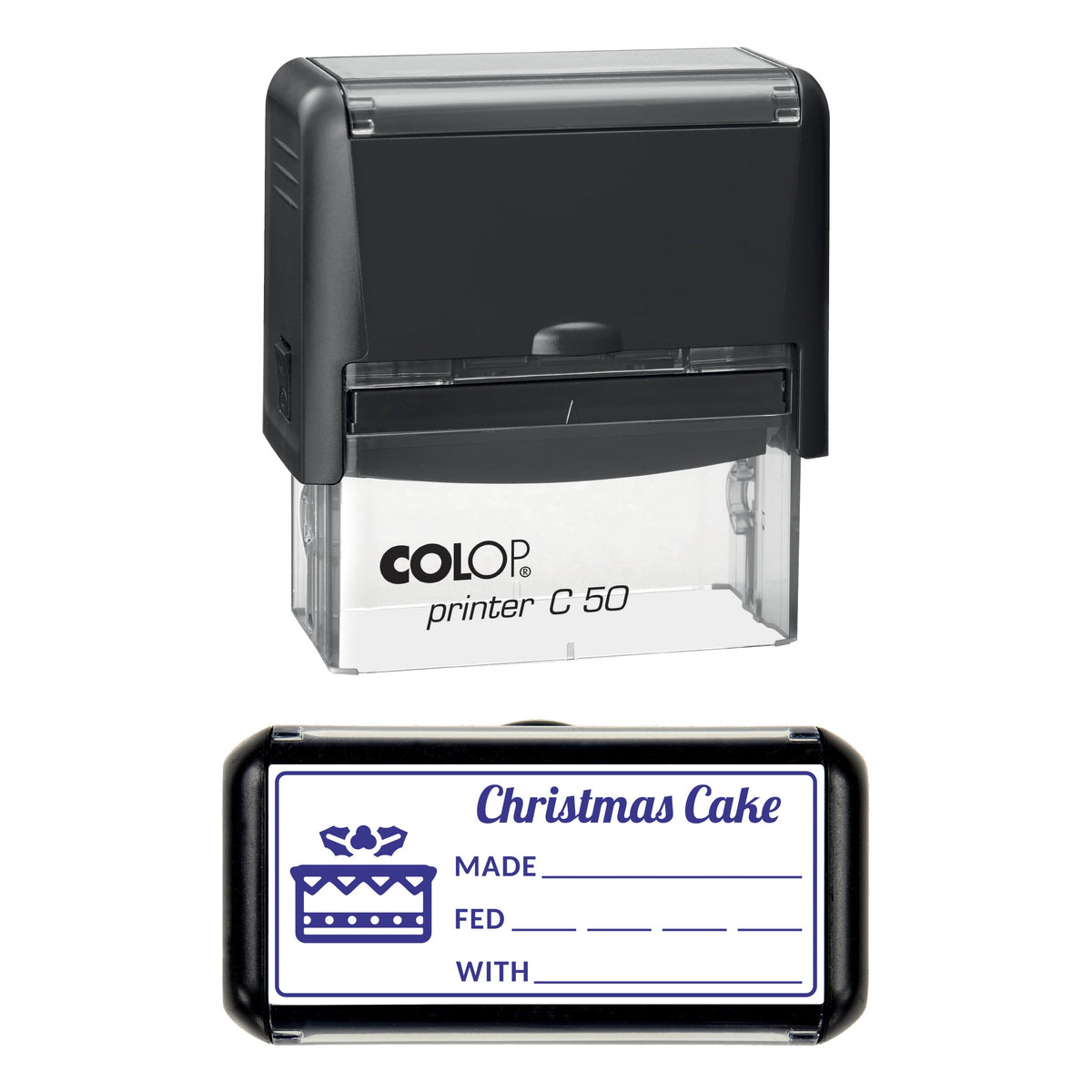 Stamp showing the Christmas Cake Made and Fed design, 70 x 30mm COLOP C50 self-inking stamp, violet ink