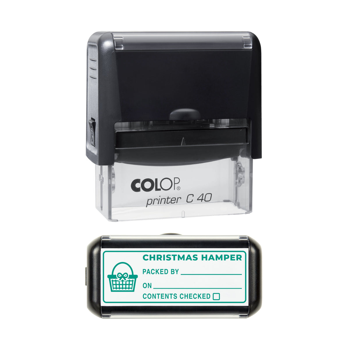 Stamp showing the Christmas Hamper Packed By design, 58 x 22mm COLOP C40 self-inking stamp, green ink