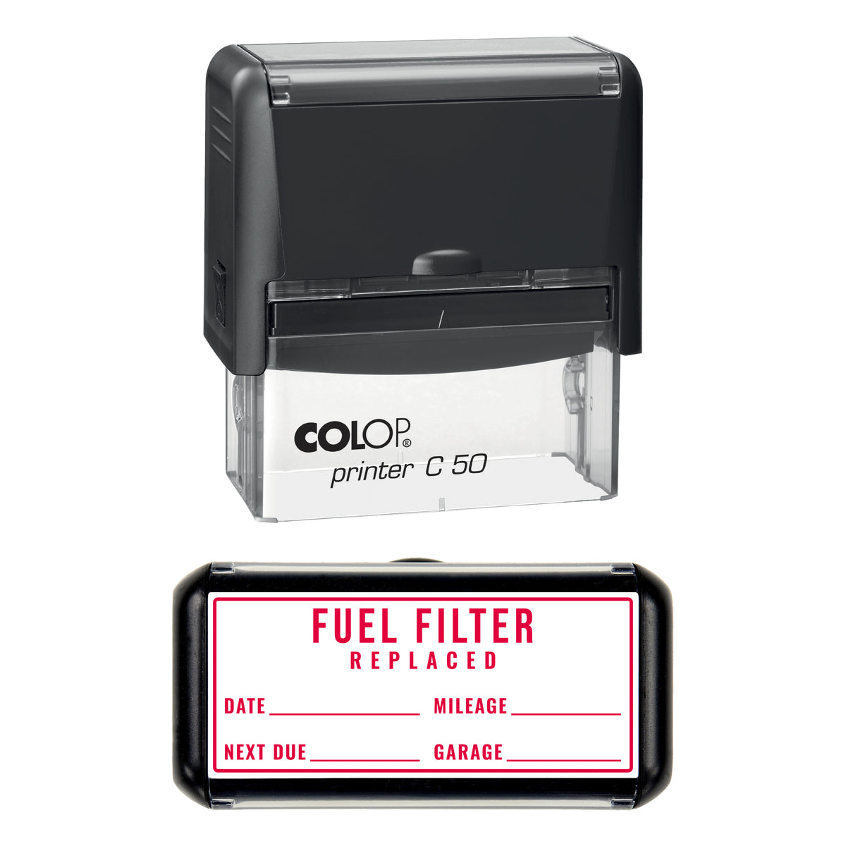 Stamp showing the Fuel Filter Replaced design, 70 x 30mm COLOP C50 self-inking stamp, red ink