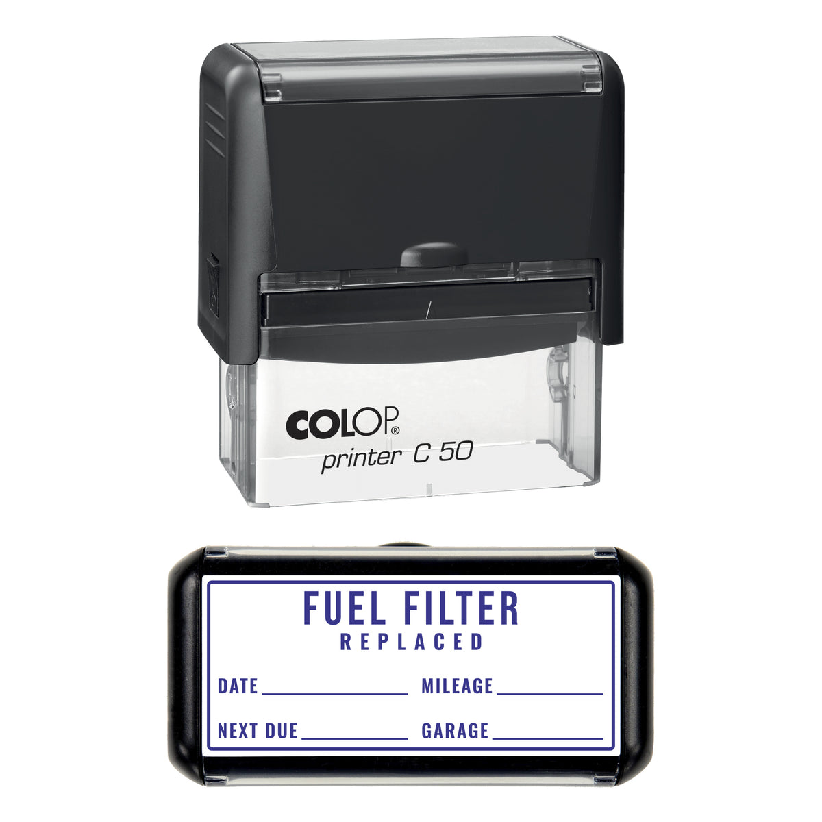 Stamp showing the Fuel Filter Replaced design, 70 x 30mm COLOP C50 self-inking stamp, violet ink