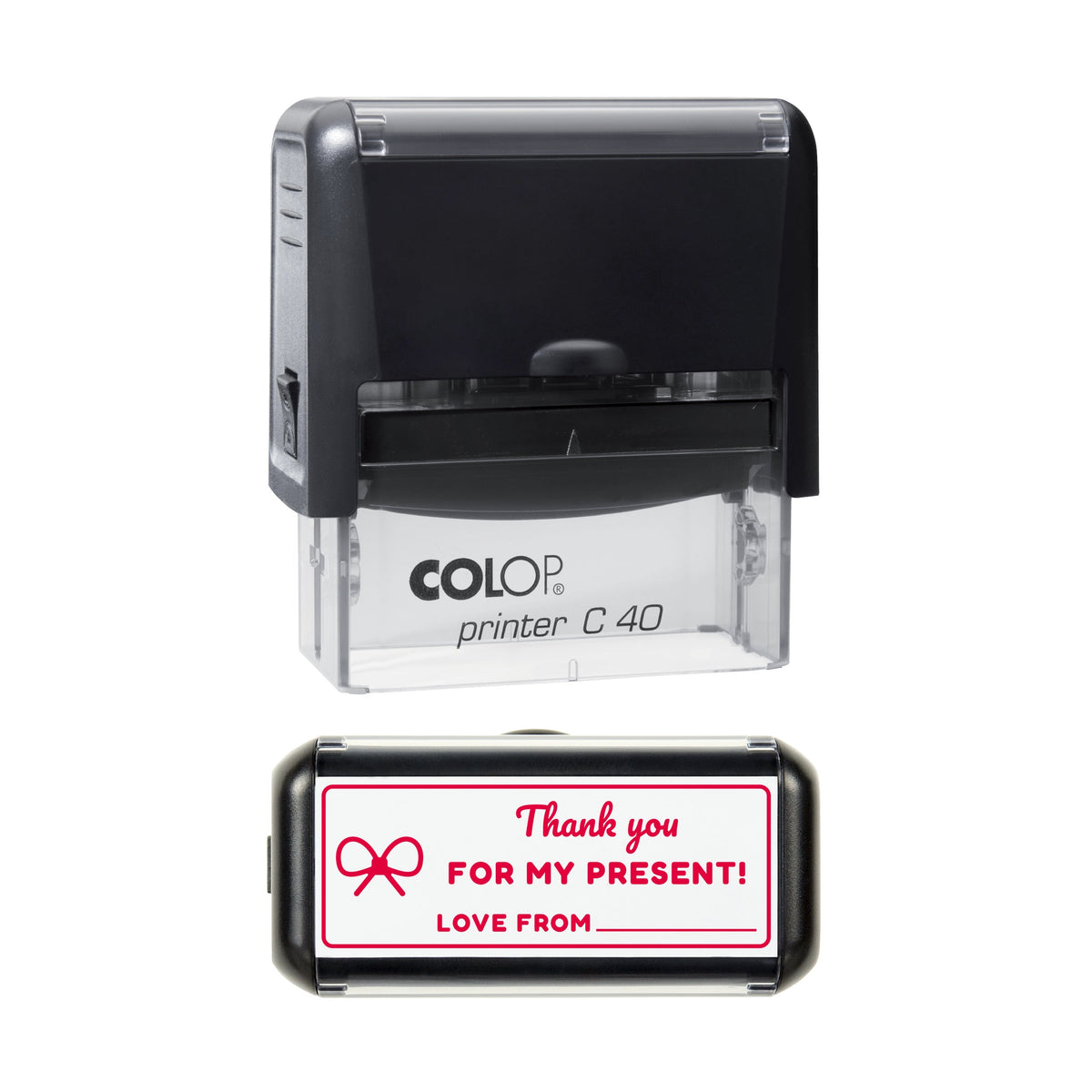 Stamp showing the Thank You for My Christmas Present design, 58 x 22mm COLOP C40 self-inking stamp, red ink