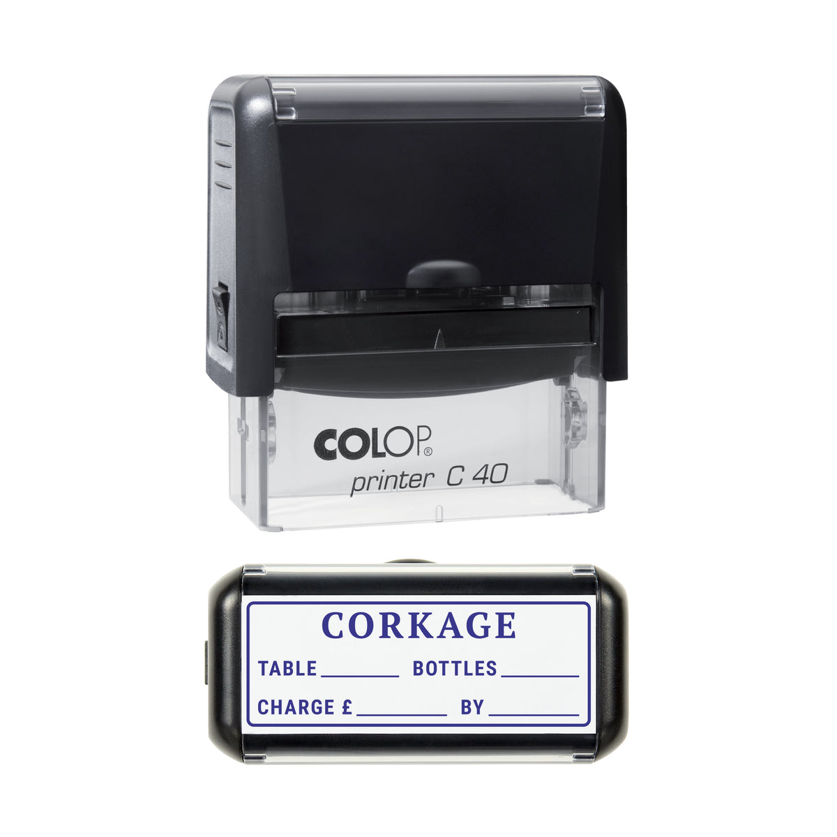 Stamp showing the Corkage Record design, 58 x 22mm COLOP C40 self-inking stamp, violet ink