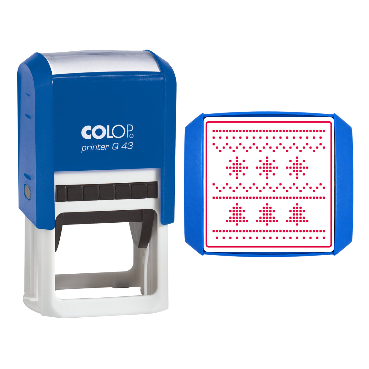 Stamp showing the Christmas Jumper Knit Pattern design, 43 x 43mm COLOP Q43 self-inking stamp, red ink