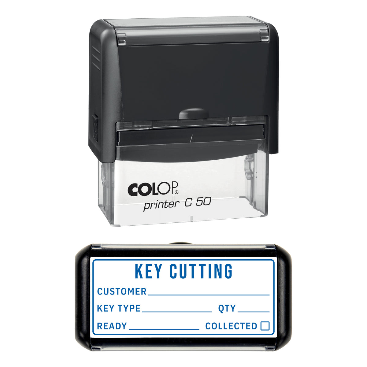 Stamp showing the Key Cutting design, 70 x 30mm COLOP C50 self-inking stamp, blue ink