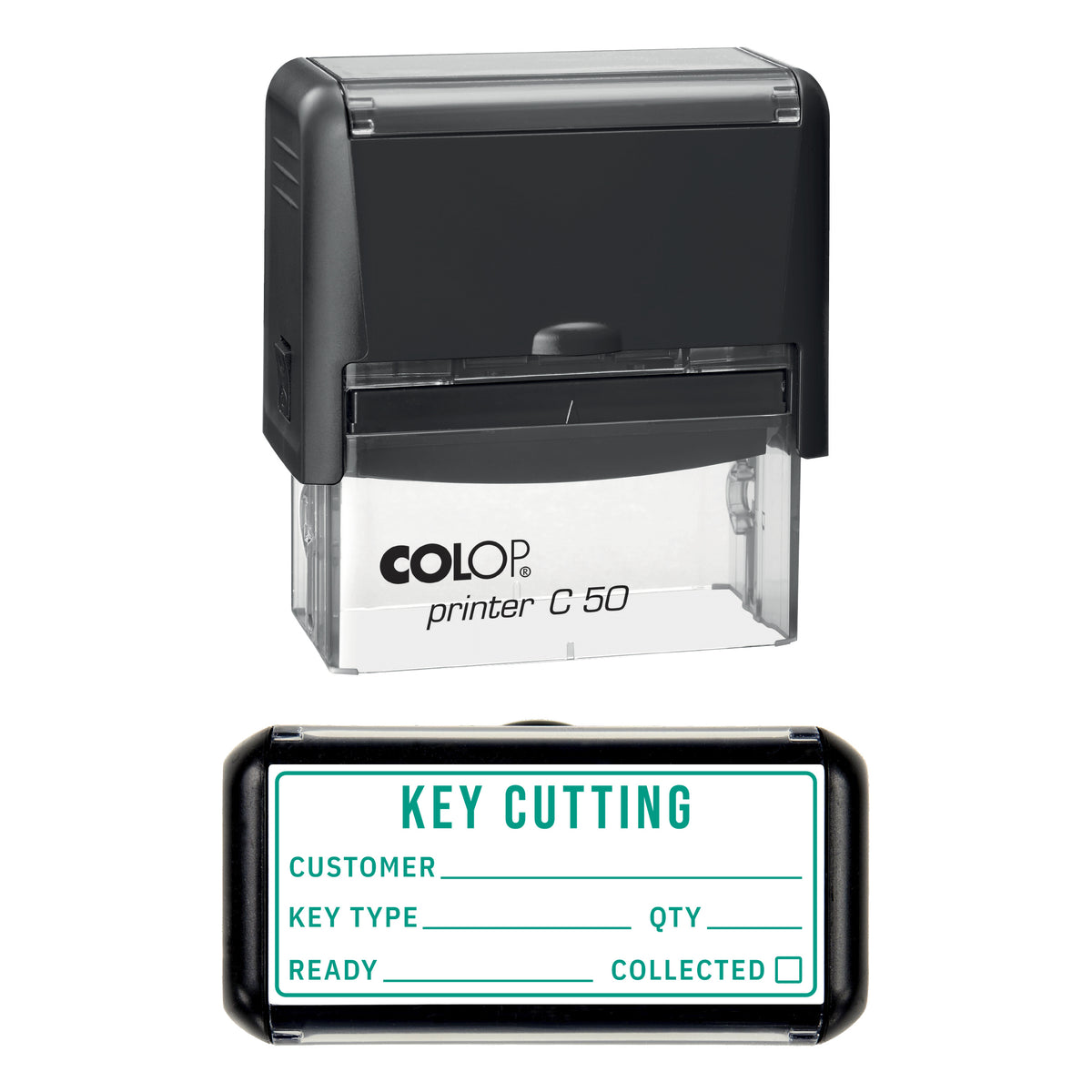 Stamp showing the Key Cutting design, 70 x 30mm COLOP C50 self-inking stamp, green ink