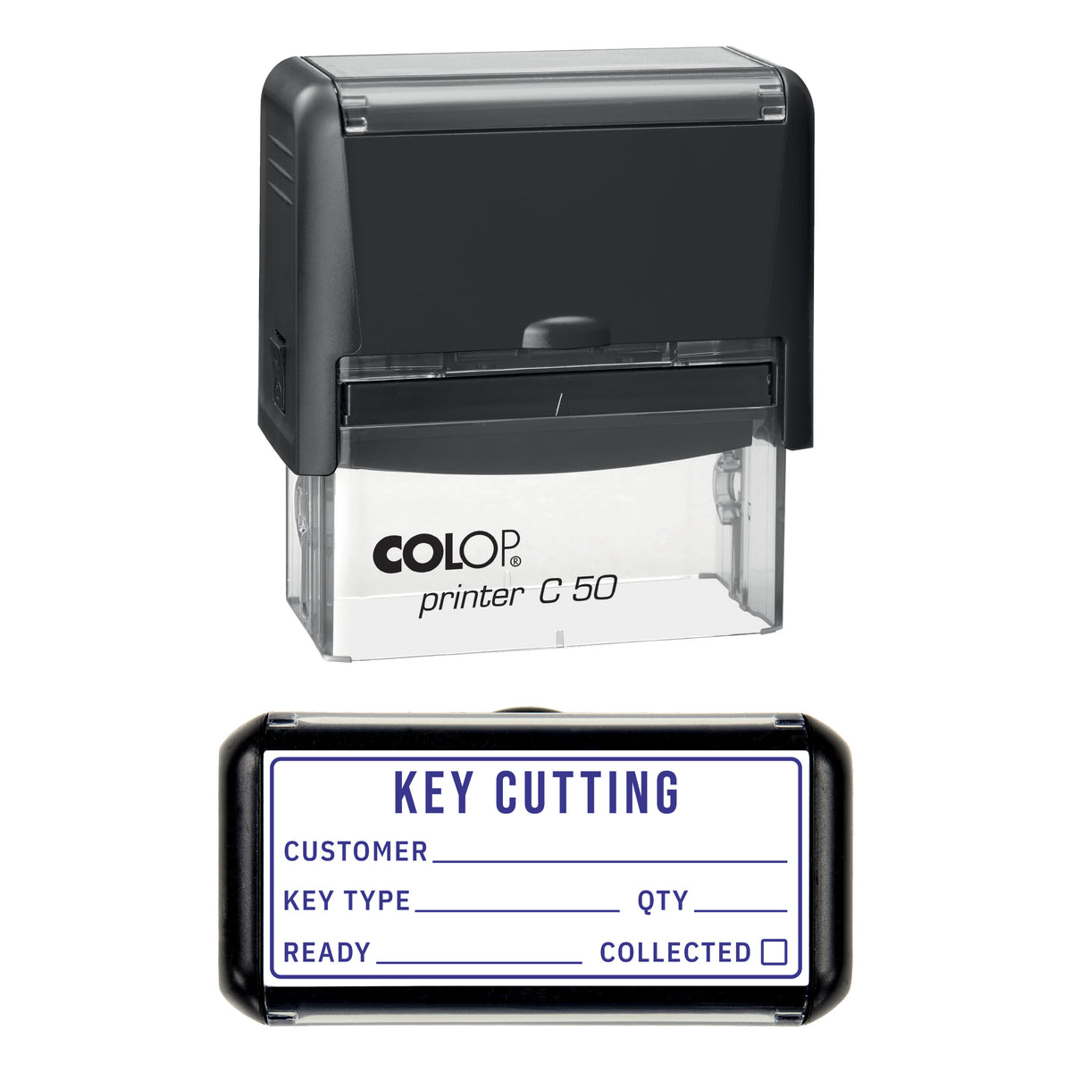 Stamp showing the Key Cutting design, 70 x 30mm COLOP C50 self-inking stamp, violet ink