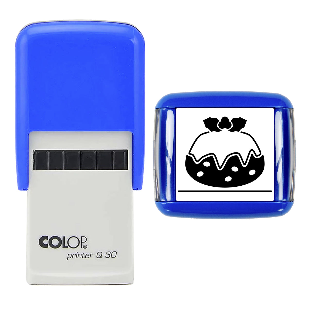Stamp showing the Christmas Pudding Illustration design, 30 x 30mm COLOP Q30 self-inking stamp, black ink