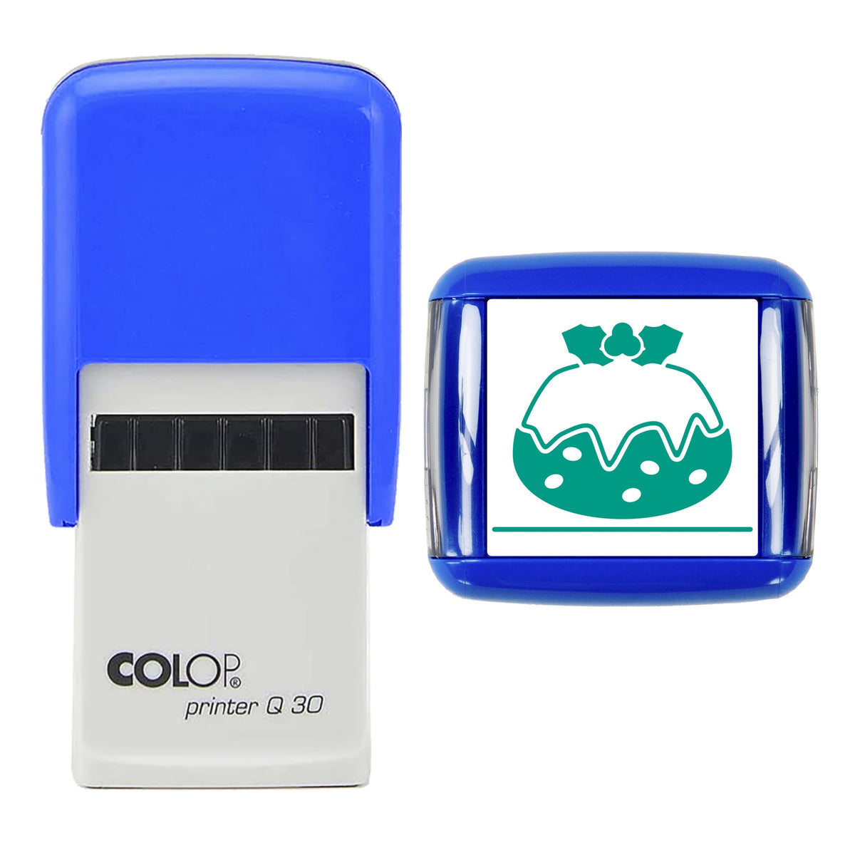 Stamp showing the Christmas Pudding Illustration design, 30 x 30mm COLOP Q30 self-inking stamp, green ink