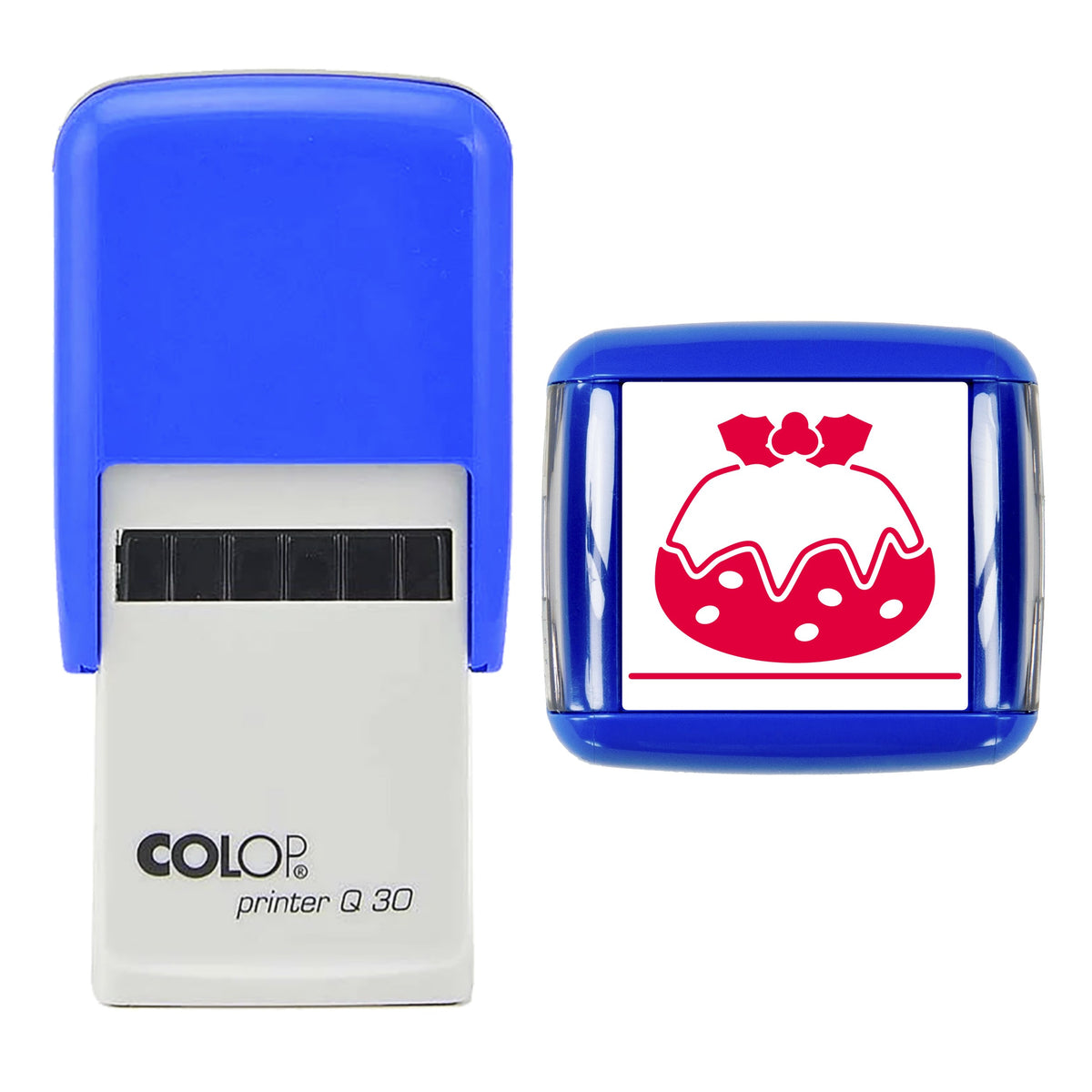 Stamp showing the Christmas Pudding Illustration design, 30 x 30mm COLOP Q30 self-inking stamp, red ink