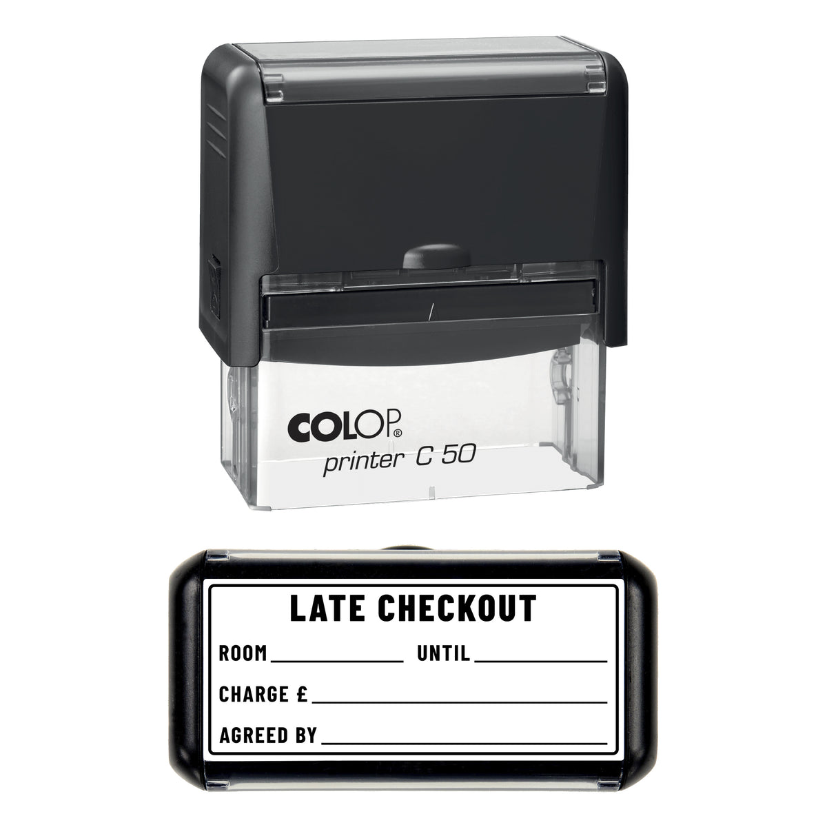 Stamp showing the Late Checkout design, 70 x 30mm COLOP C50 self-inking stamp, black ink