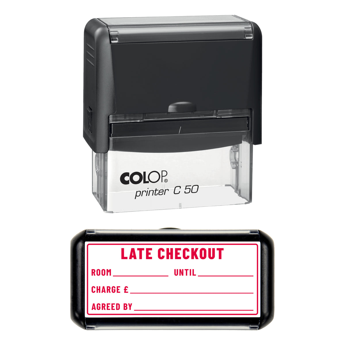 Stamp showing the Late Checkout design, 70 x 30mm COLOP C50 self-inking stamp, red ink