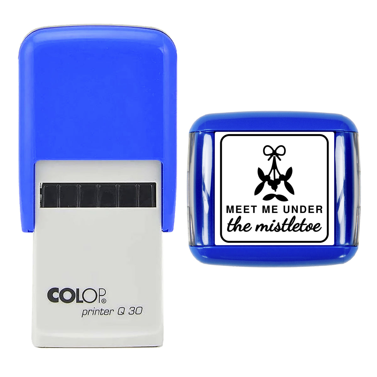 Stamp showing the Meet Me Under the Mistletoe Christmas design, 30 x 30mm COLOP Q30 self-inking stamp, black ink