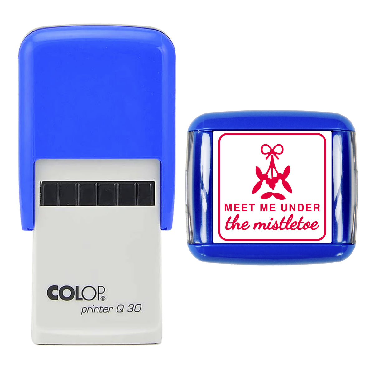 Stamp showing the Meet Me Under the Mistletoe Christmas design, 30 x 30mm COLOP Q30 self-inking stamp, red ink