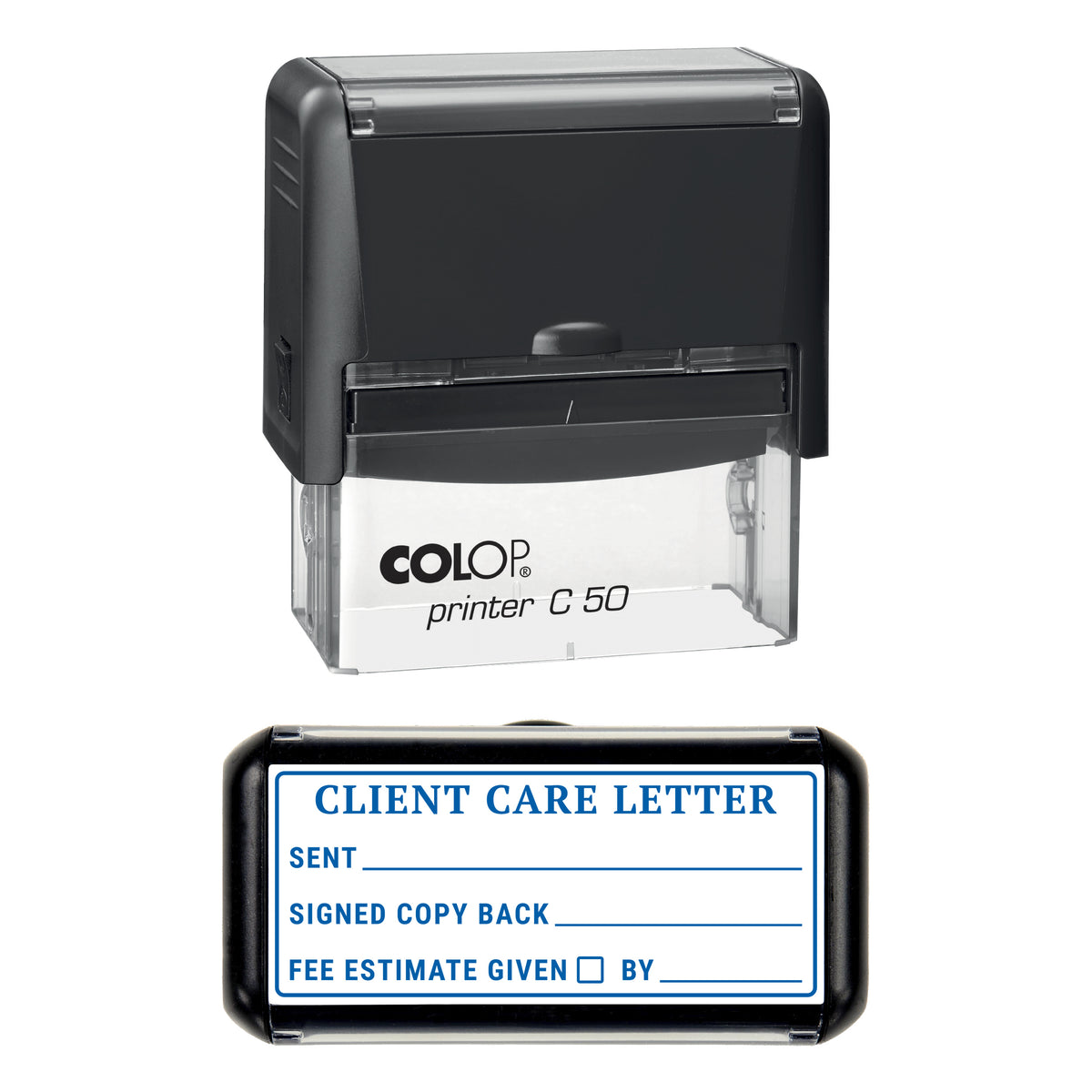 Stamp showing the Client Care Letter design, 70 x 30mm COLOP C50 self-inking stamp, blue ink