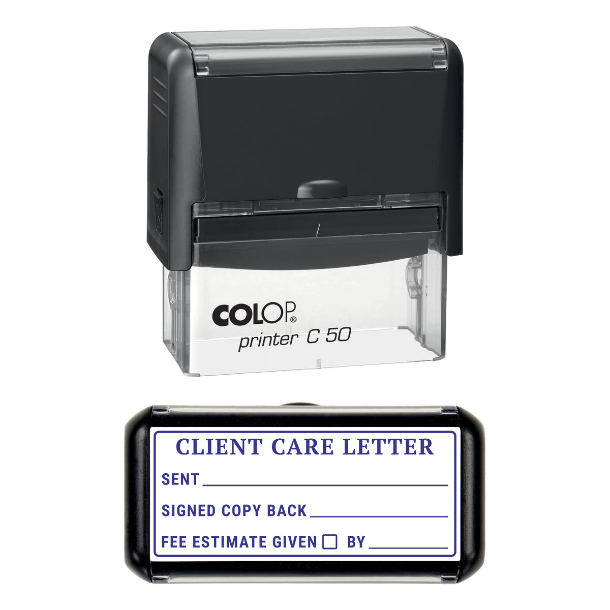 Stamp showing the Client Care Letter design, 70 x 30mm COLOP C50 self-inking stamp, violet ink