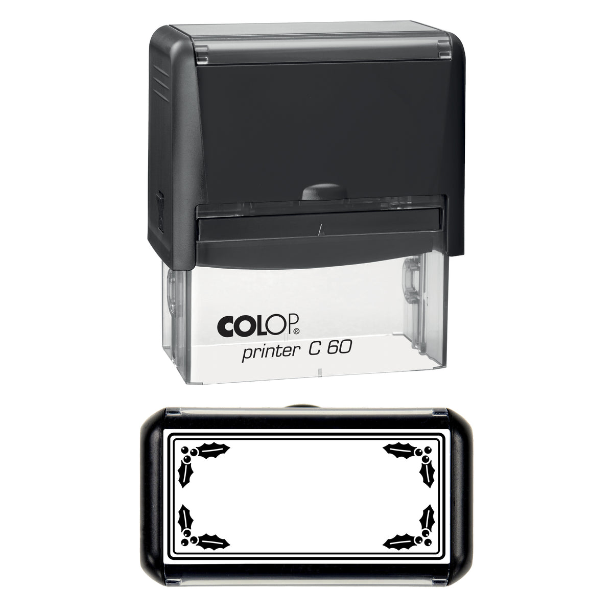 Stamp showing the Christmas Holly Border Frame design, 77 x 36mm COLOP C60 self-inking stamp, black ink