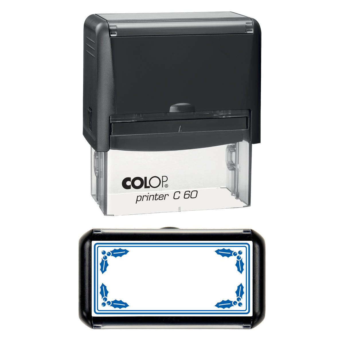 Stamp showing the Christmas Holly Border Frame design, 77 x 36mm COLOP C60 self-inking stamp, blue ink