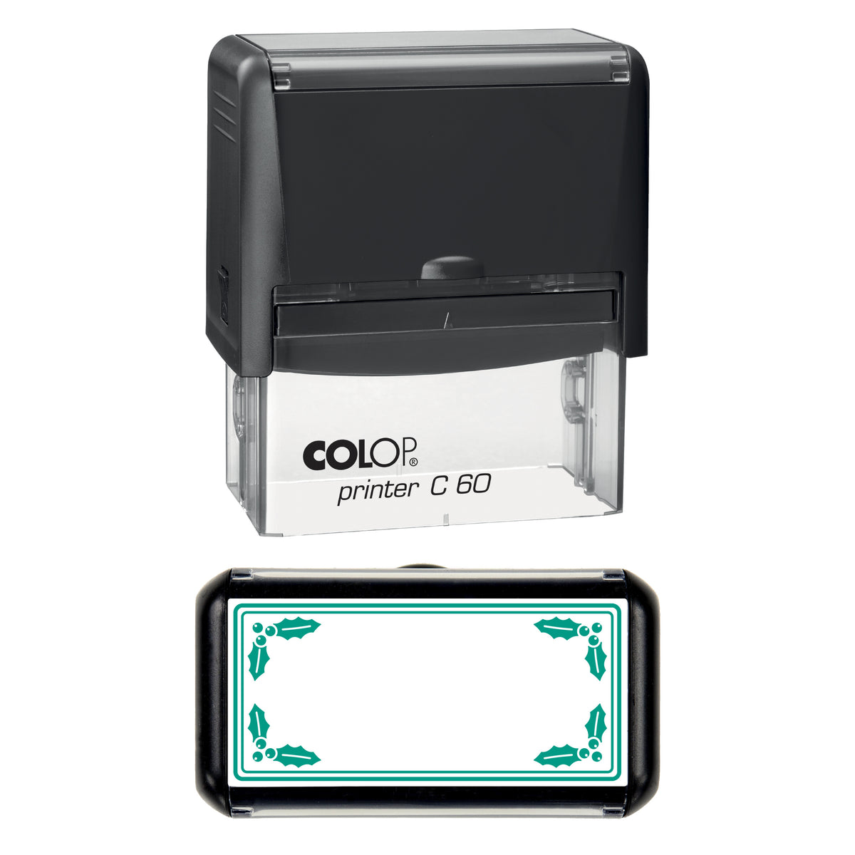 Stamp showing the Christmas Holly Border Frame design, 77 x 36mm COLOP C60 self-inking stamp, green ink