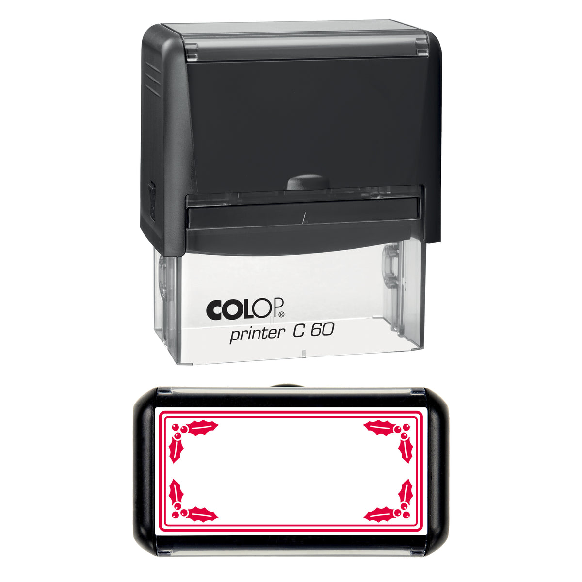 Stamp showing the Christmas Holly Border Frame design, 77 x 36mm COLOP C60 self-inking stamp, red ink
