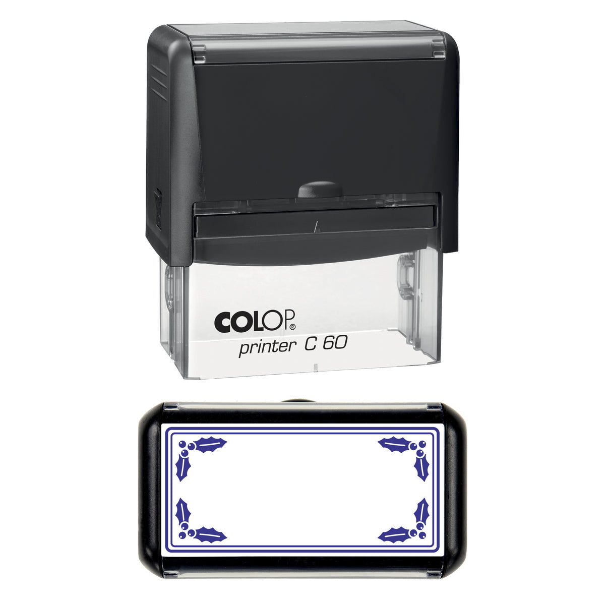 Stamp showing the Christmas Holly Border Frame design, 77 x 36mm COLOP C60 self-inking stamp, violet ink