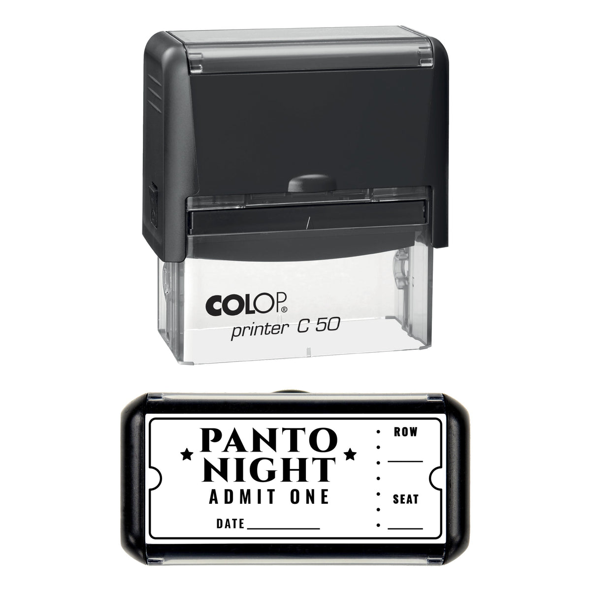 Stamp showing the Christmas Panto Night Admit One design, 70 x 30mm COLOP C50 self-inking stamp, black ink