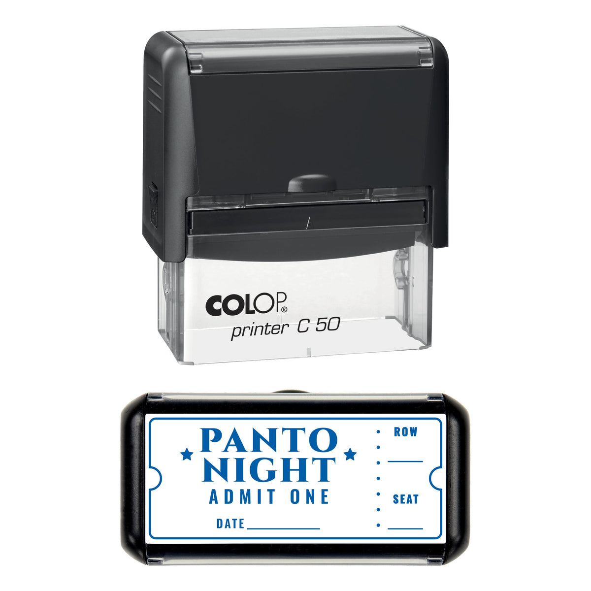 Stamp showing the Christmas Panto Night Admit One design, 70 x 30mm COLOP C50 self-inking stamp, blue ink