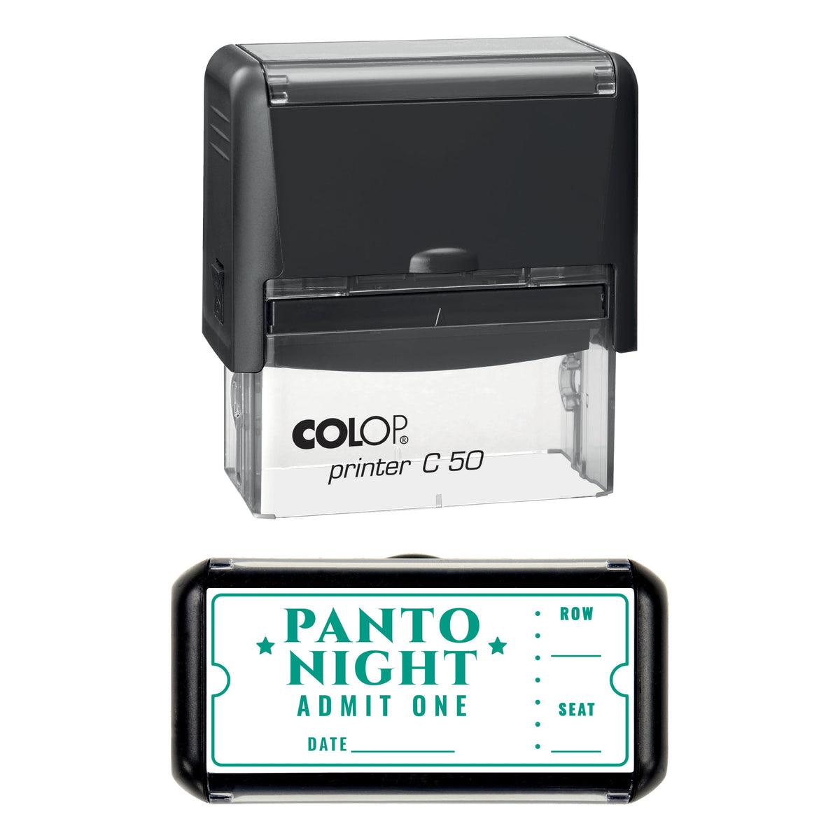 Stamp showing the Christmas Panto Night Admit One design, 70 x 30mm COLOP C50 self-inking stamp, green ink