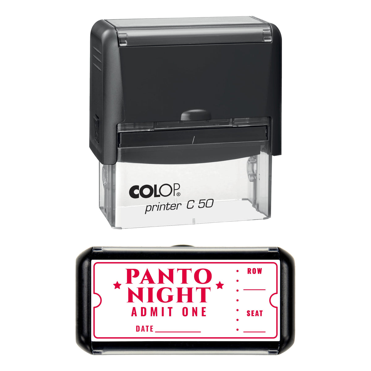 Stamp showing the Christmas Panto Night Admit One design, 70 x 30mm COLOP C50 self-inking stamp, red ink
