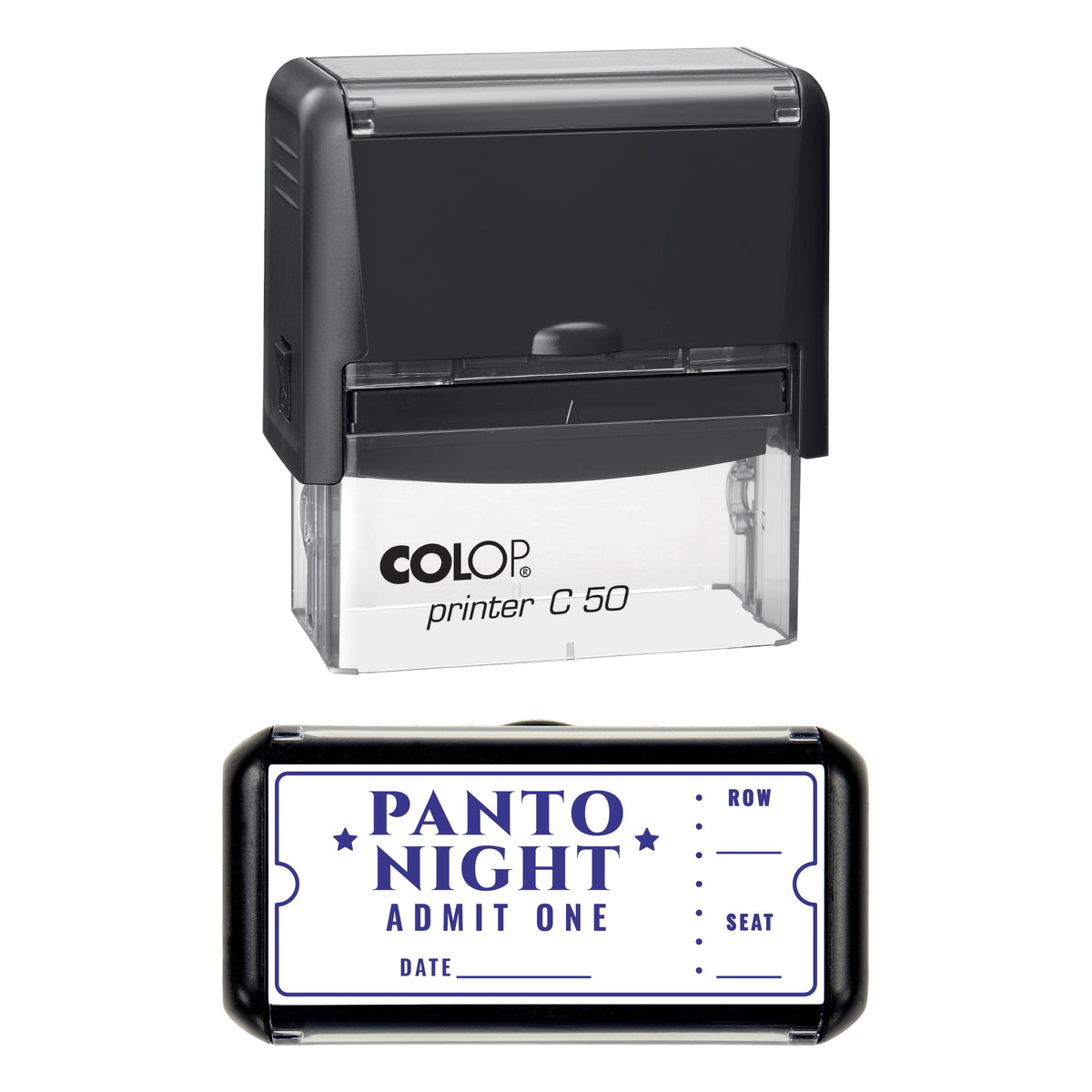 Stamp showing the Christmas Panto Night Admit One design, 70 x 30mm COLOP C50 self-inking stamp, violet ink