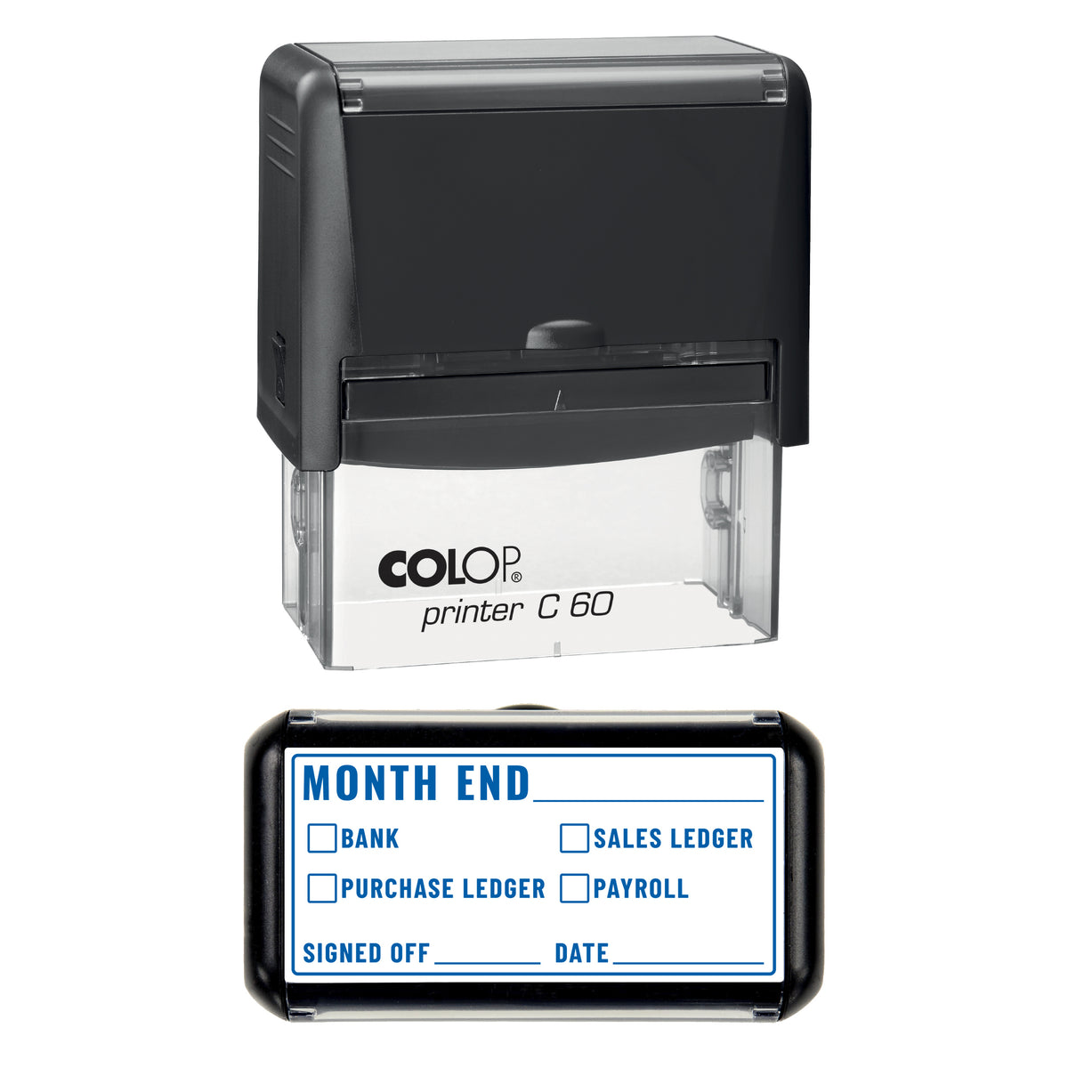 Stamp showing the Month End Checklist design, 77 x 36mm COLOP C60 self-inking stamp, blue ink