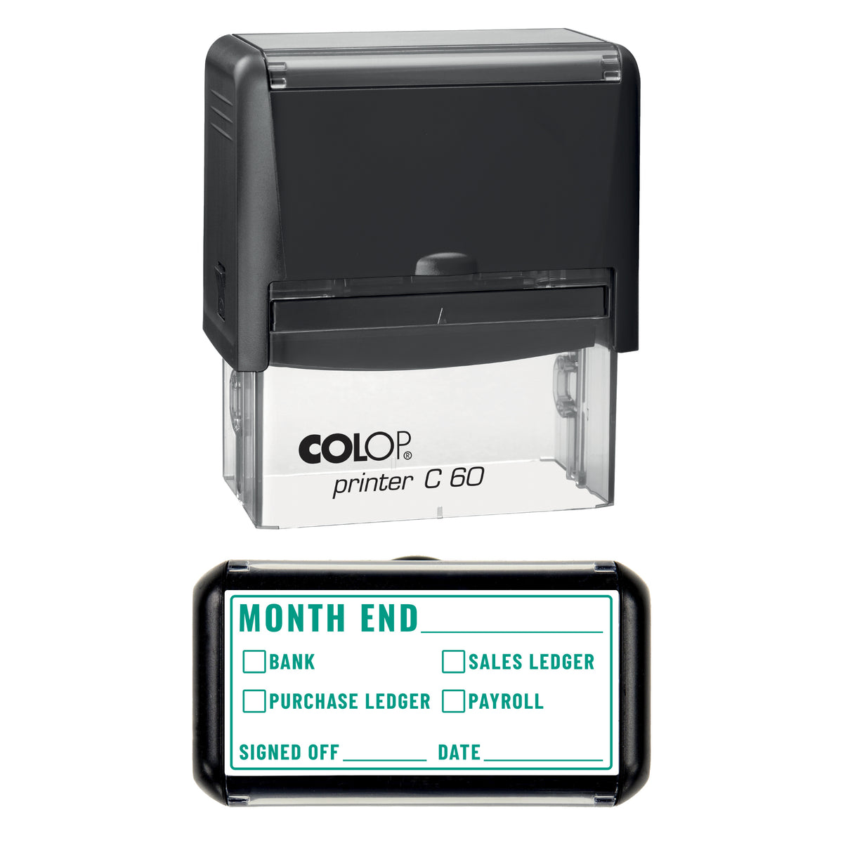 Stamp showing the Month End Checklist design, 77 x 36mm COLOP C60 self-inking stamp, green ink