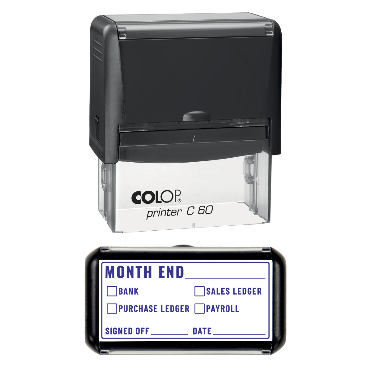 Stamp showing the Month End Checklist design, 77 x 36mm COLOP C60 self-inking stamp, violet ink