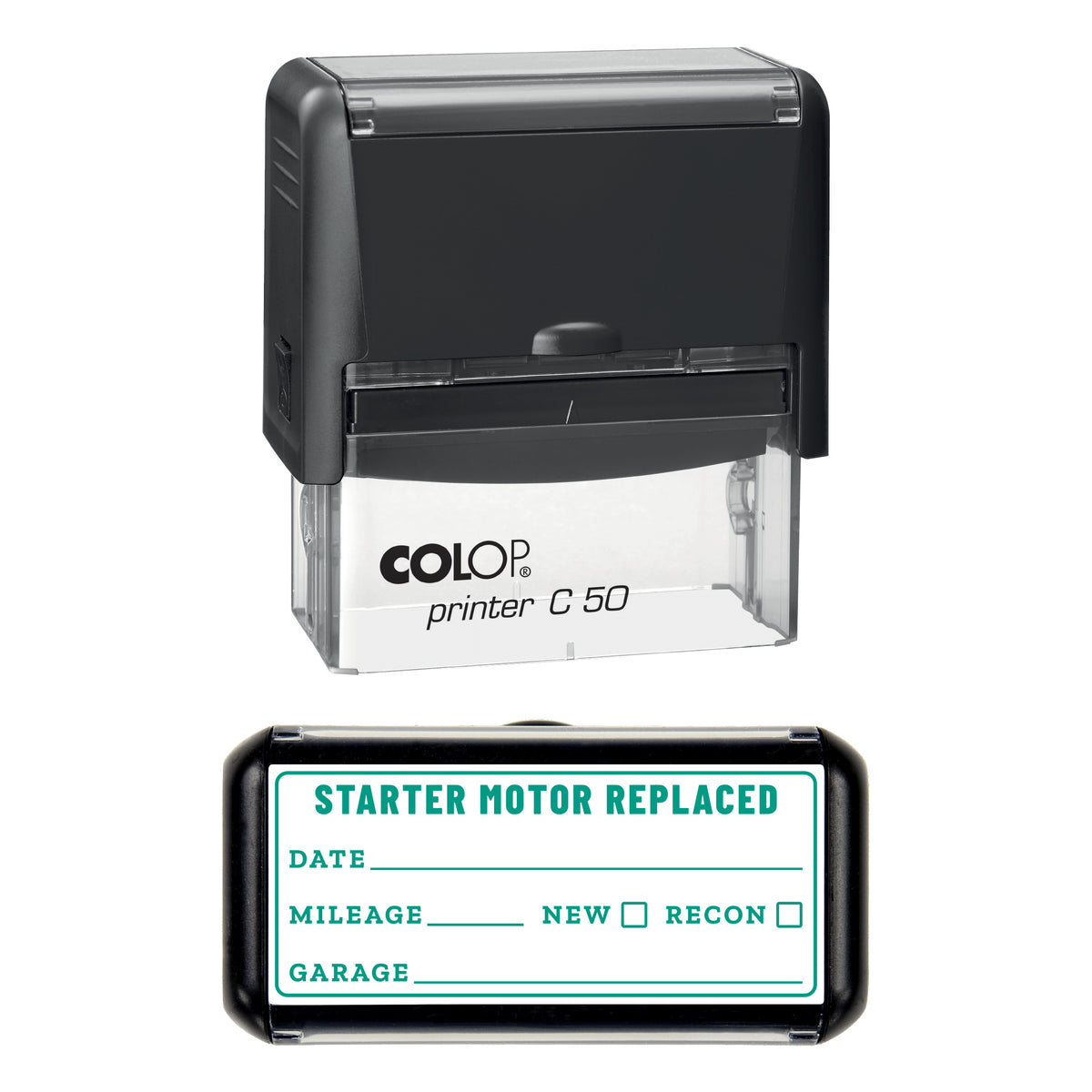 Stamp showing the Starter Motor Replaced design, 70 x 30mm COLOP C50 self-inking stamp, green ink