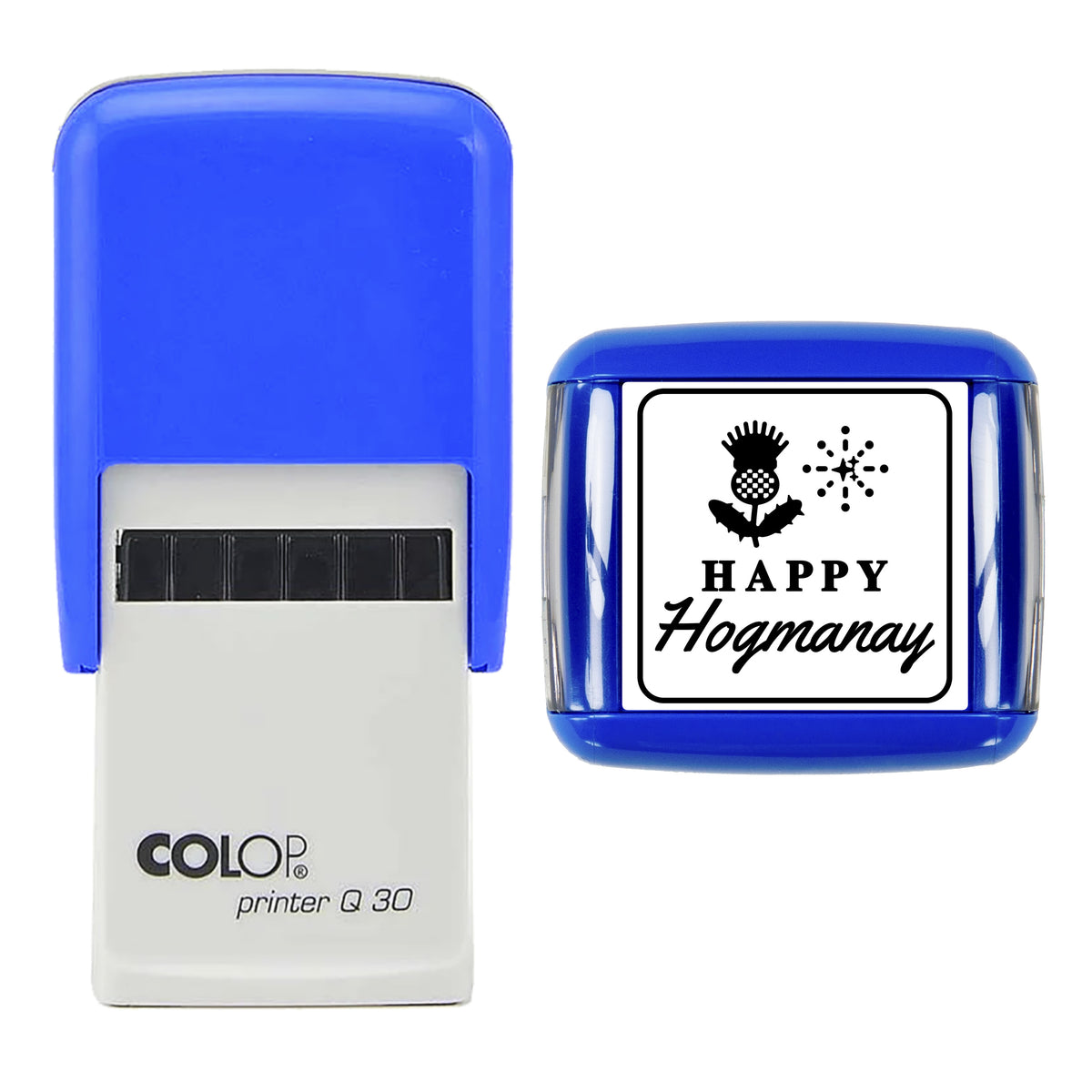 Stamp showing the Happy Hogmanay New Year design, 30 x 30mm COLOP Q30 self-inking stamp, black ink