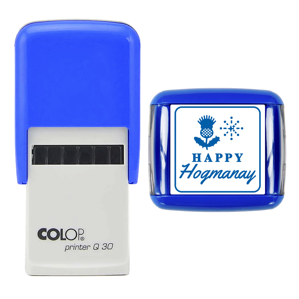 Stamp showing the Happy Hogmanay New Year design, 30 x 30mm COLOP Q30 self-inking stamp, blue ink