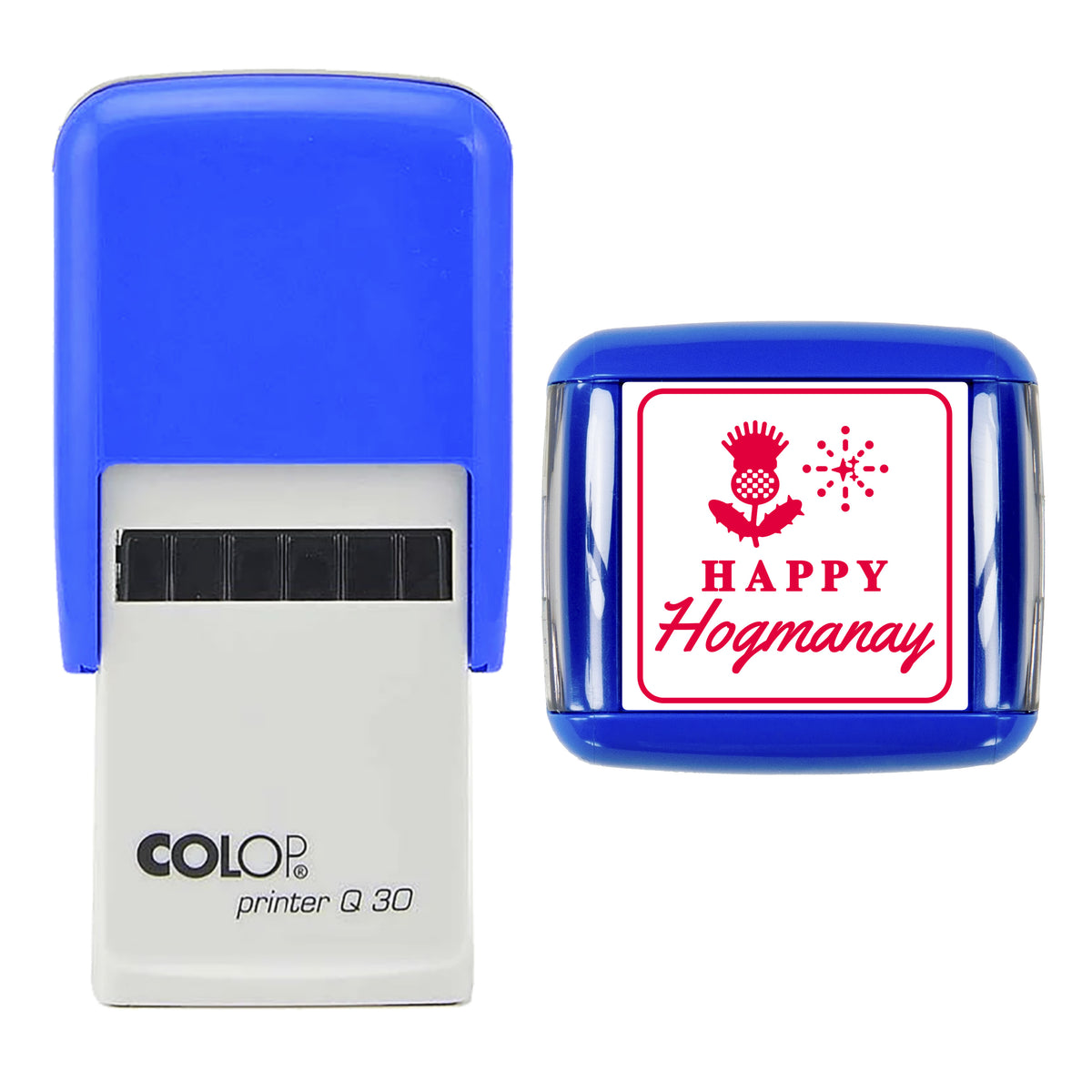 Stamp showing the Happy Hogmanay New Year design, 30 x 30mm COLOP Q30 self-inking stamp, red ink