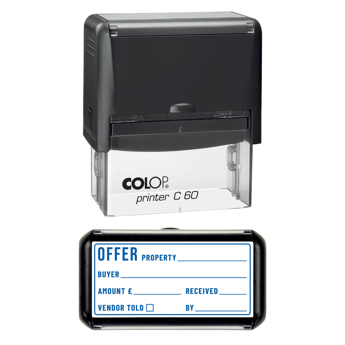 Stamp showing the Offer Record design, 77 x 36mm COLOP C60 self-inking stamp, blue ink