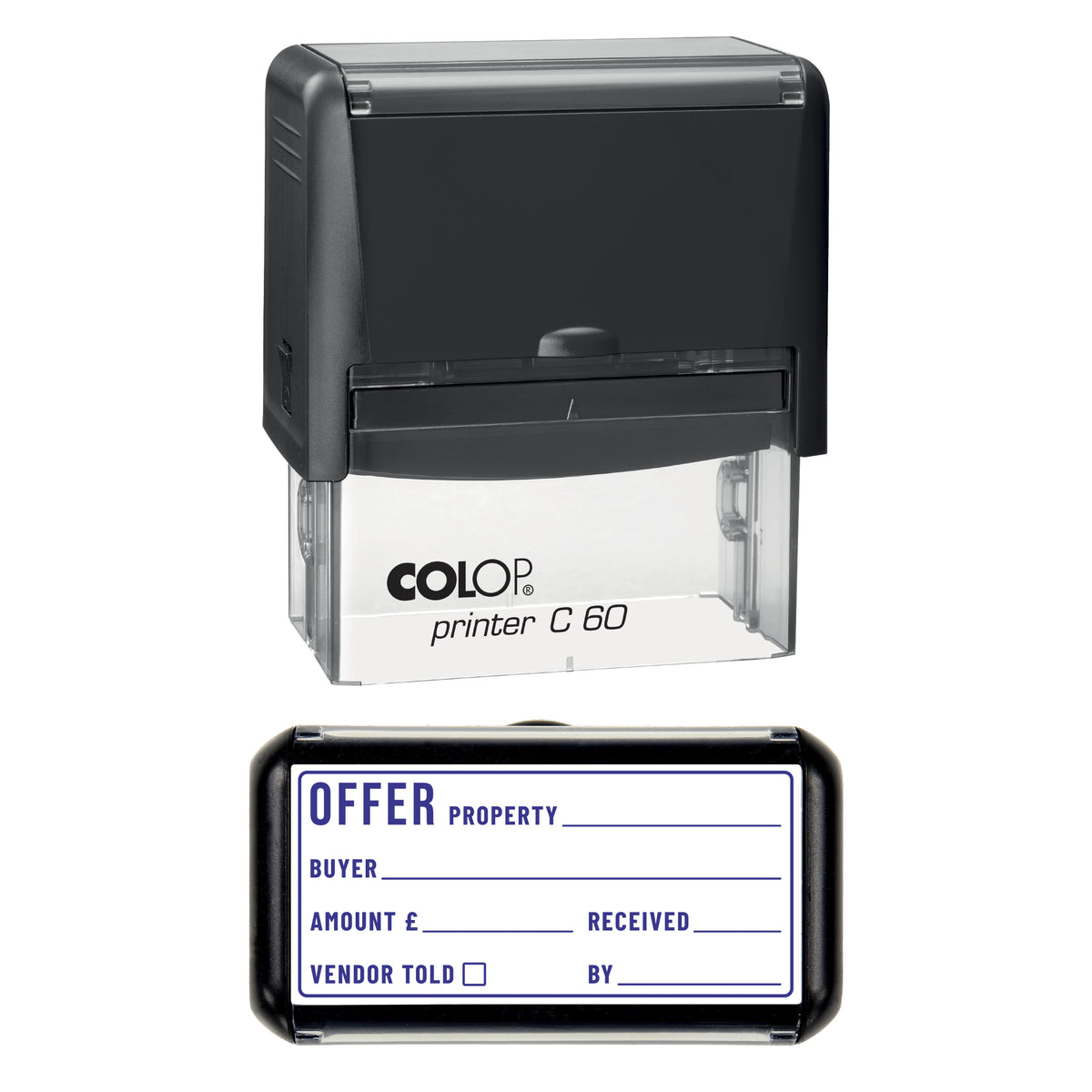 Stamp showing the Offer Record design, 77 x 36mm COLOP C60 self-inking stamp, violet ink