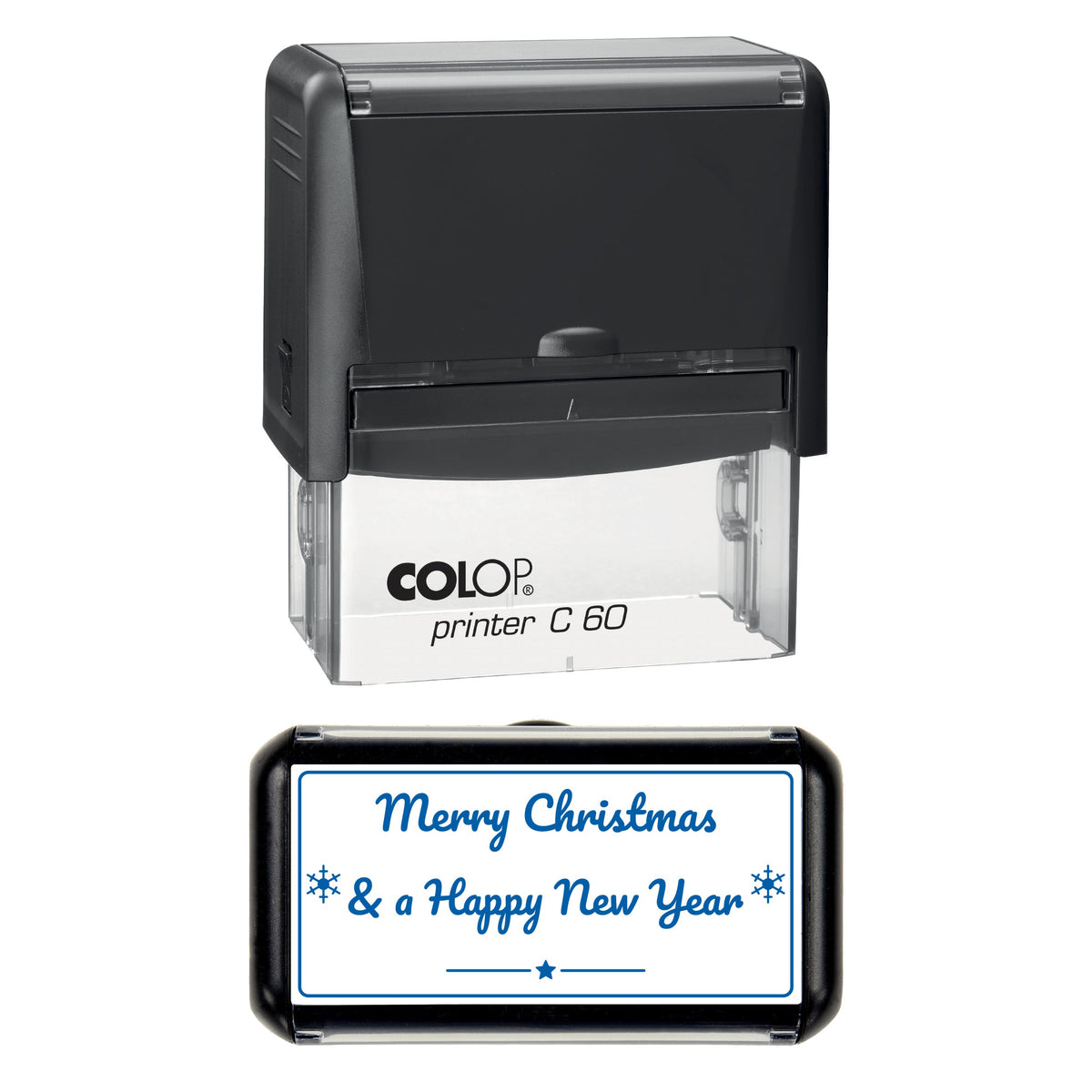 Stamp showing the Merry Christmas and a Happy New Year design, 77 x 36mm COLOP C60 self-inking stamp, blue ink