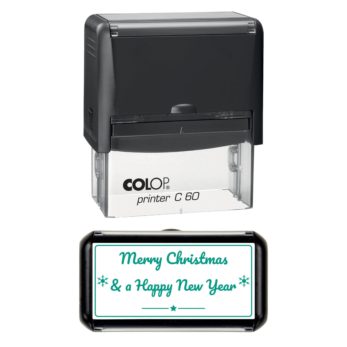 Stamp showing the Merry Christmas and a Happy New Year design, 77 x 36mm COLOP C60 self-inking stamp, green ink