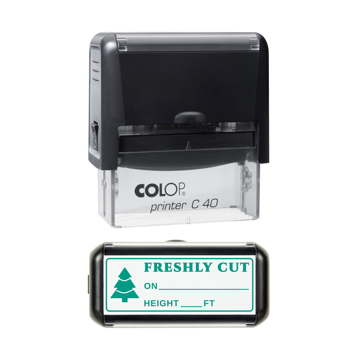 Stamp showing the Freshly Cut Christmas Tree design, 58 x 22mm COLOP C40 self-inking stamp, green ink